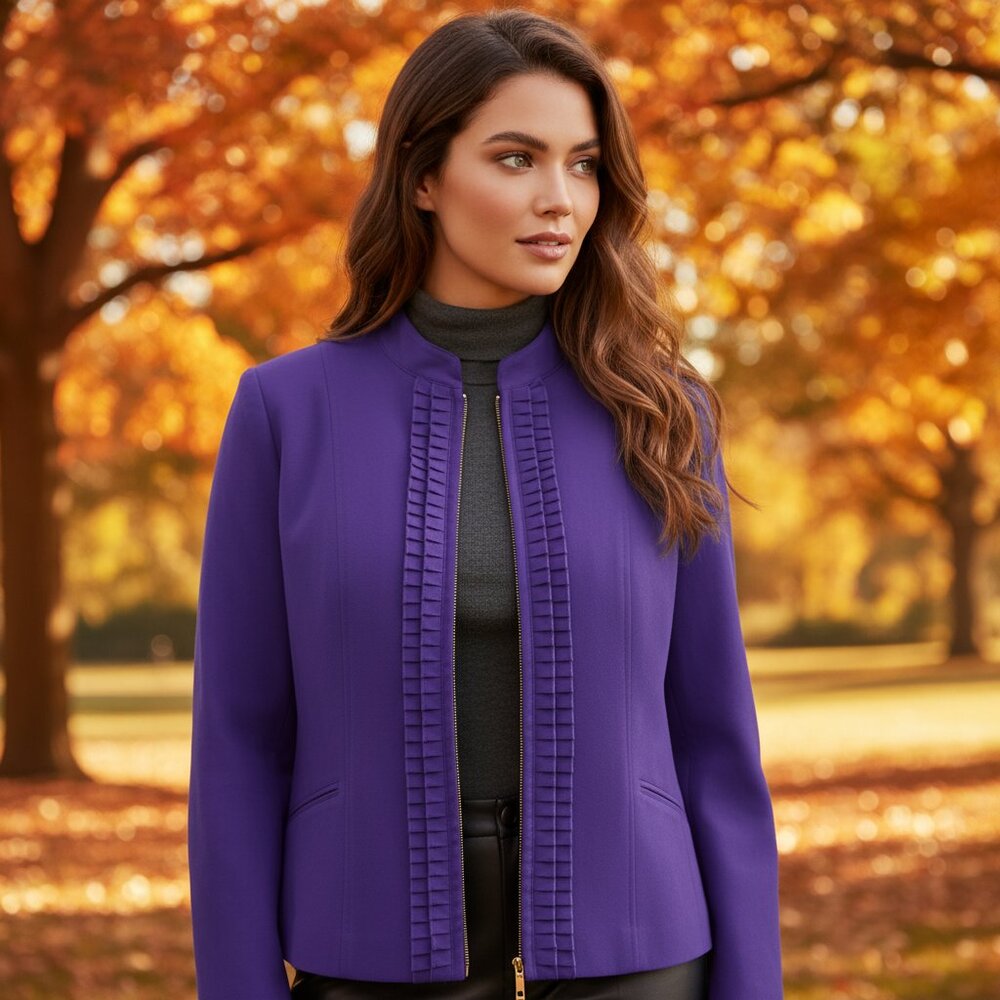 Women's Fall Transitional Jacket Zip Up Pleated Ruffles Deep Purple Faux Suede